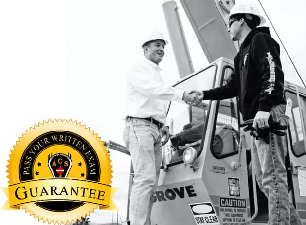 Crane Operator Passing NCCCO Practical Exam Shaking hands with trainer Guarantee to Pass Written Exam badge